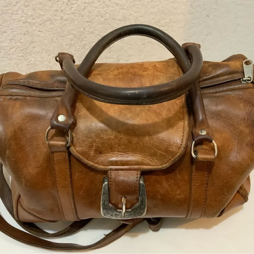 Vintage Navasota leather  satchel Bag brown strap front buckle